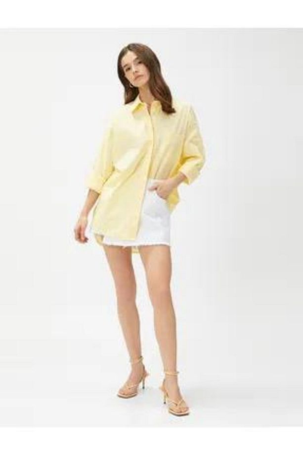 Sarı Oversize Poplin Gömlek Cepli Pamuklu - 2
