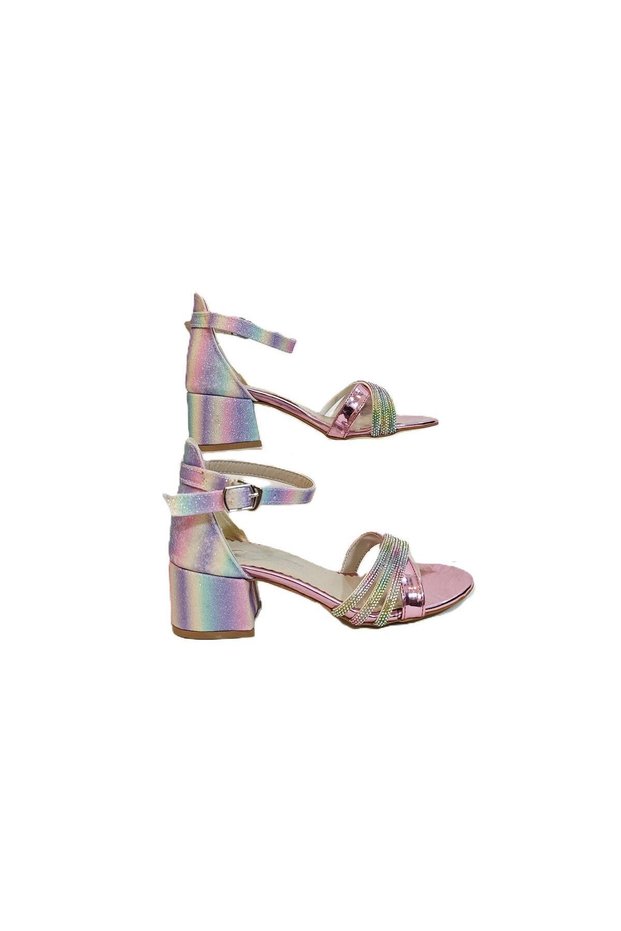 9052 Rainbow Glitter Cross Three-Stripes Girl's Evening Dress with Heels