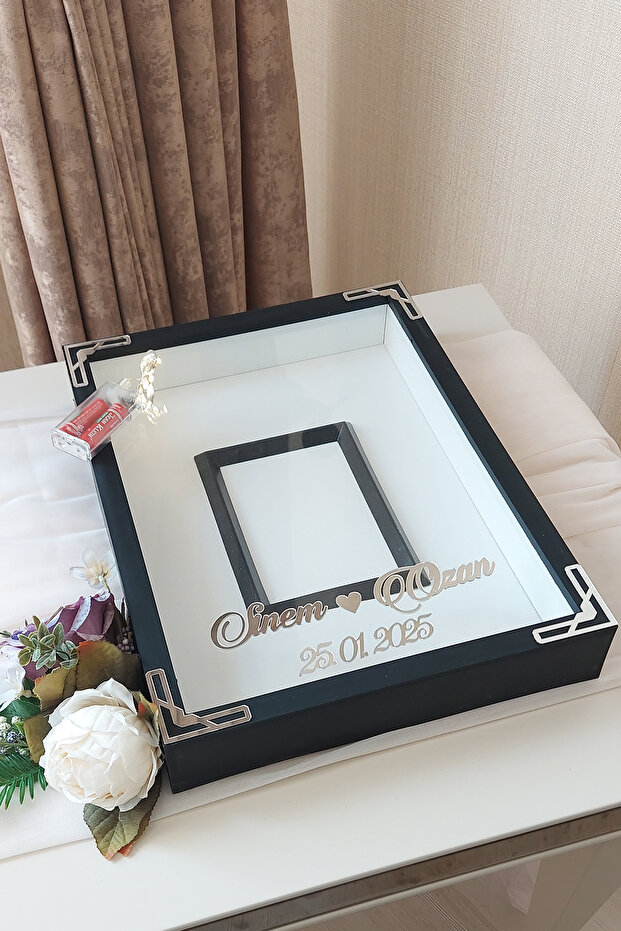 إطار ذاكرة بتصميم صندوق وردي مقاس 30 × 40 سم مع قسم صور LED باللون الذهبي والأبيض!إطار مرآة!