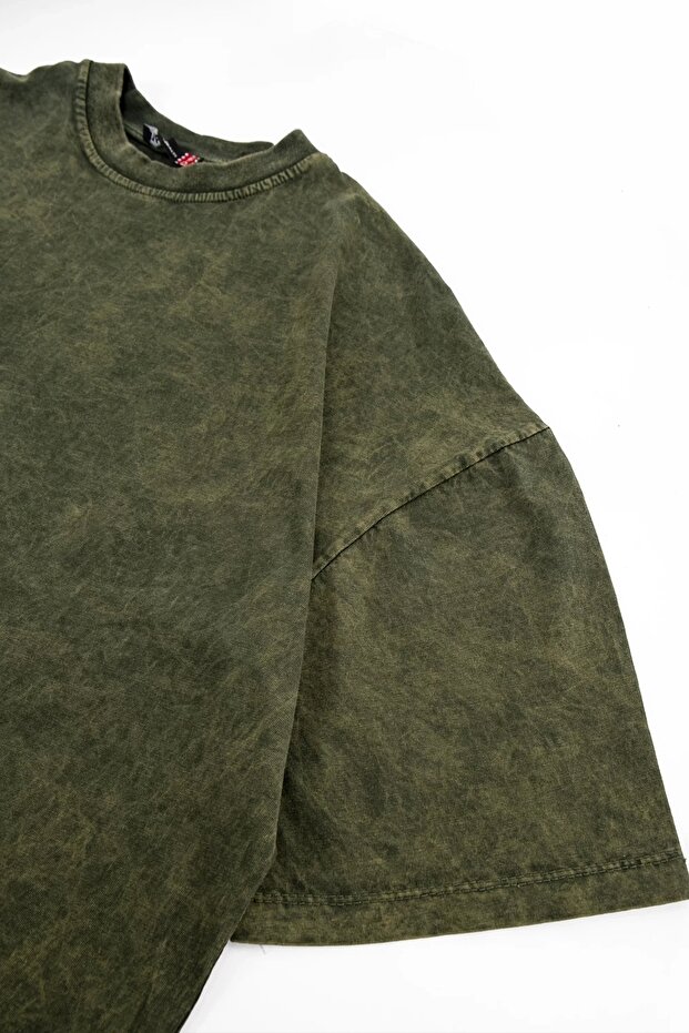 Yıkamalı Yeşil Basic Oversize Unisex Tshirt - 6