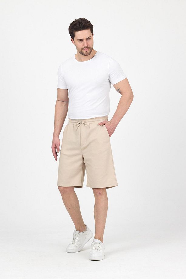 Erkek Beli Lastikli Bol Paça Basic Bej Baggy Şort - 3