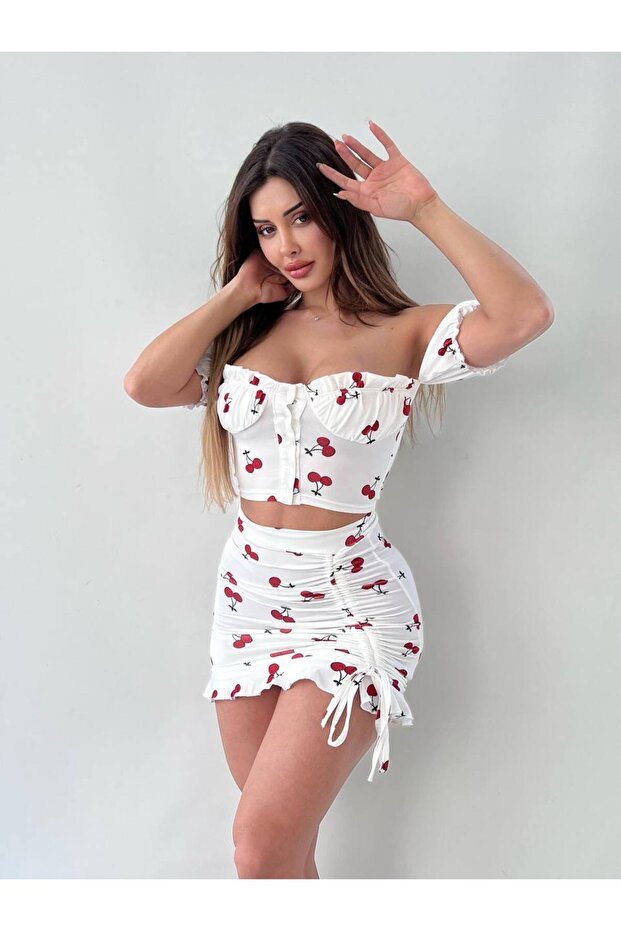 Cherry Patterned Skirt Gathered Double Set - 2