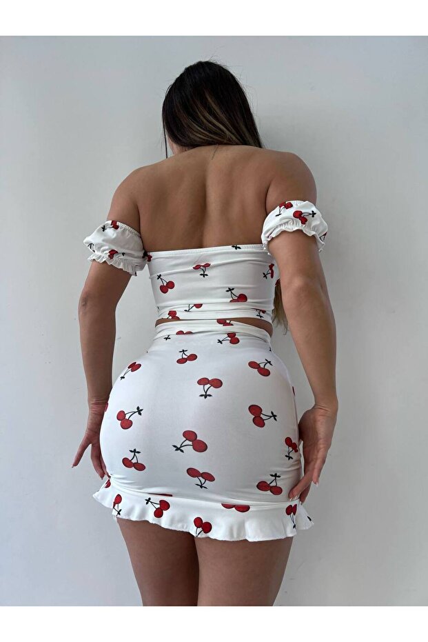 Cherry Patterned Skirt Gathered Double Set - 4