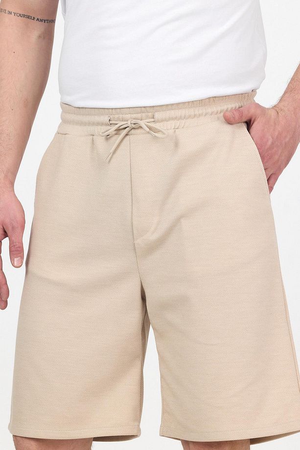 Erkek Beli Lastikli Bol Paça Basic Bej Baggy Şort - 4
