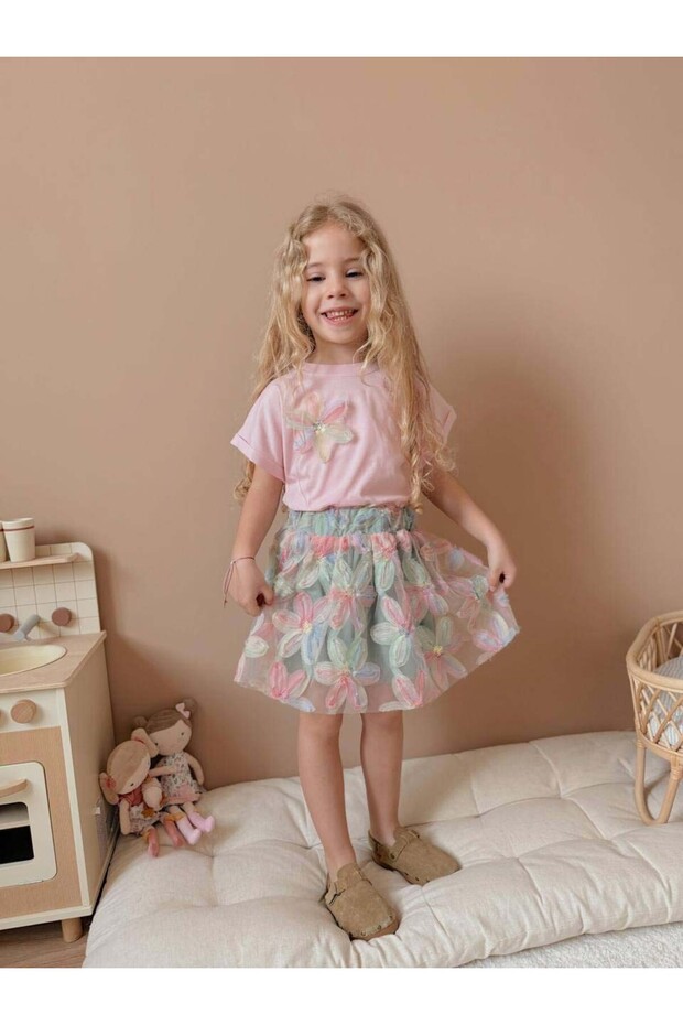 Girl's Short Sleeve Floral Patterned Holiday Skirt Suit