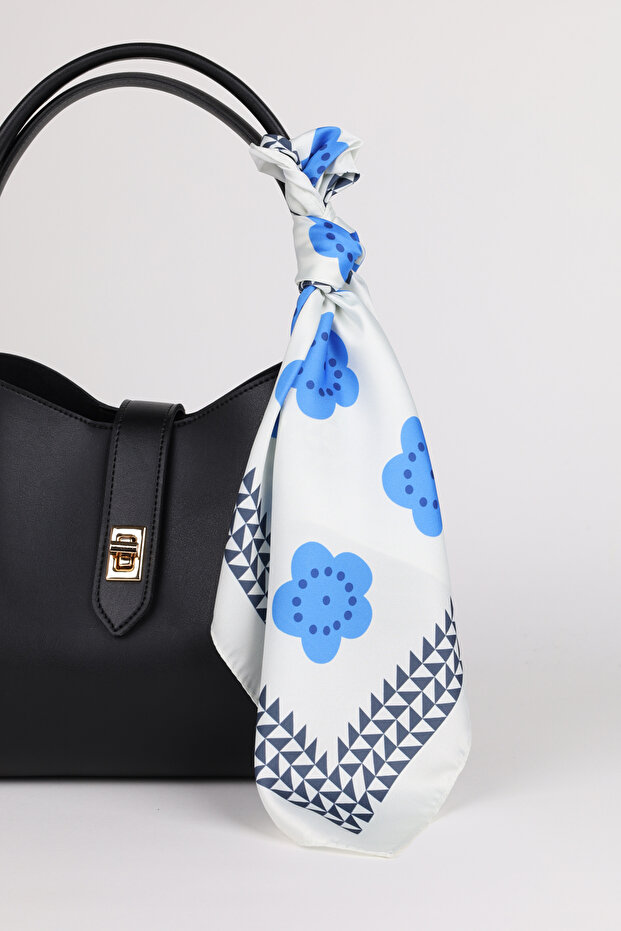 Blue Flower Patterned Satin Scarf - 1