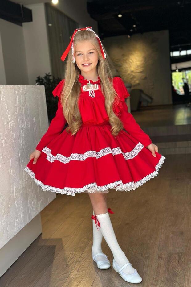 Girls' Red Dress with Ruffled Collar and Chest, Pleated Skirt, Lace Trim Detail