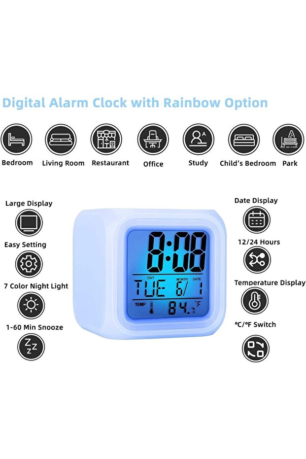 Digital 7-Color Changing LED Alarm Clock with Glowing Light, Temperature Display & Date Function - 5