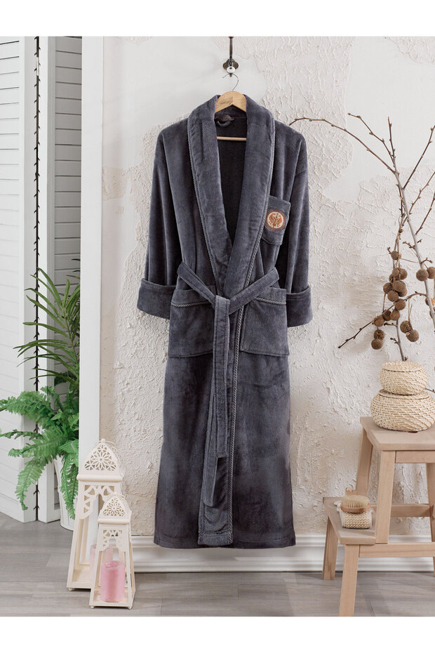 Bleda Velvet Men's Şalyaka Bathrobe Dark Gray