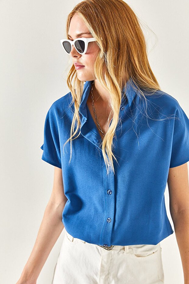 Women's Indigo Bat Oversize Linen Shirt GML-19001109