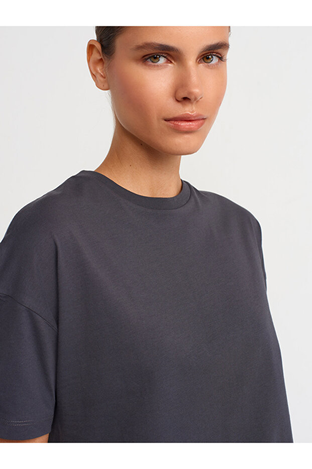 3683 %100 Pamuk Basic T-shirt-Antrasit - 5