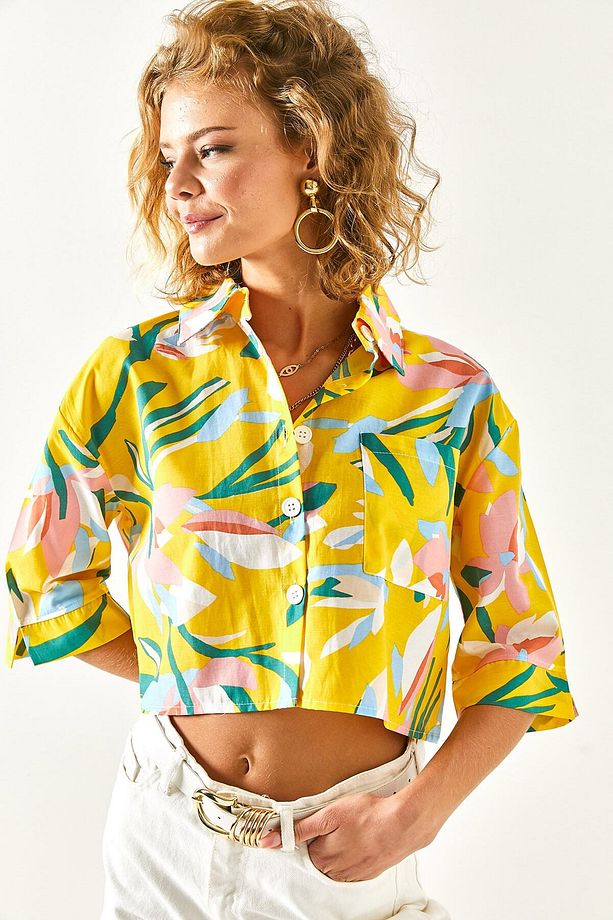 Kadın Sarı Çiçekli Poplin Görünümlü Crop Gömlek GML-19001140 - 8