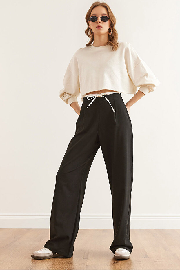 Women's Black Boxer Detailed Drawstring Palazzo Pants Pnt- 19000315