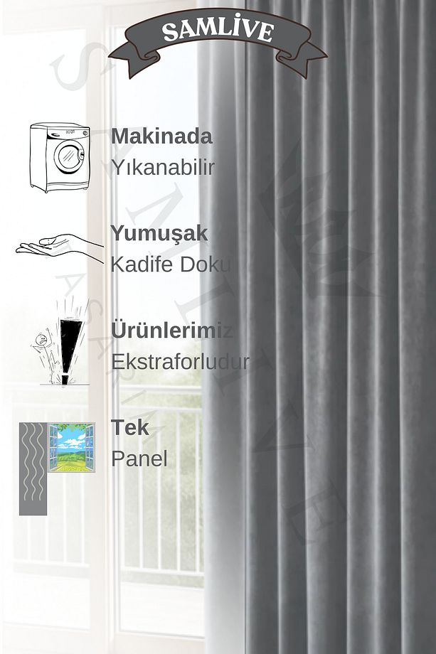 Kadife Dokulu Açık Gri Ekstrafor Büzgülü Yüksek Kalite Fon Perde Tek Kanat - 4