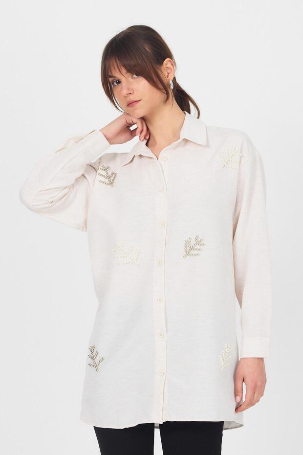 قميص لؤلؤي منقوش بأوراق شجر طبيعية 4660A - 8