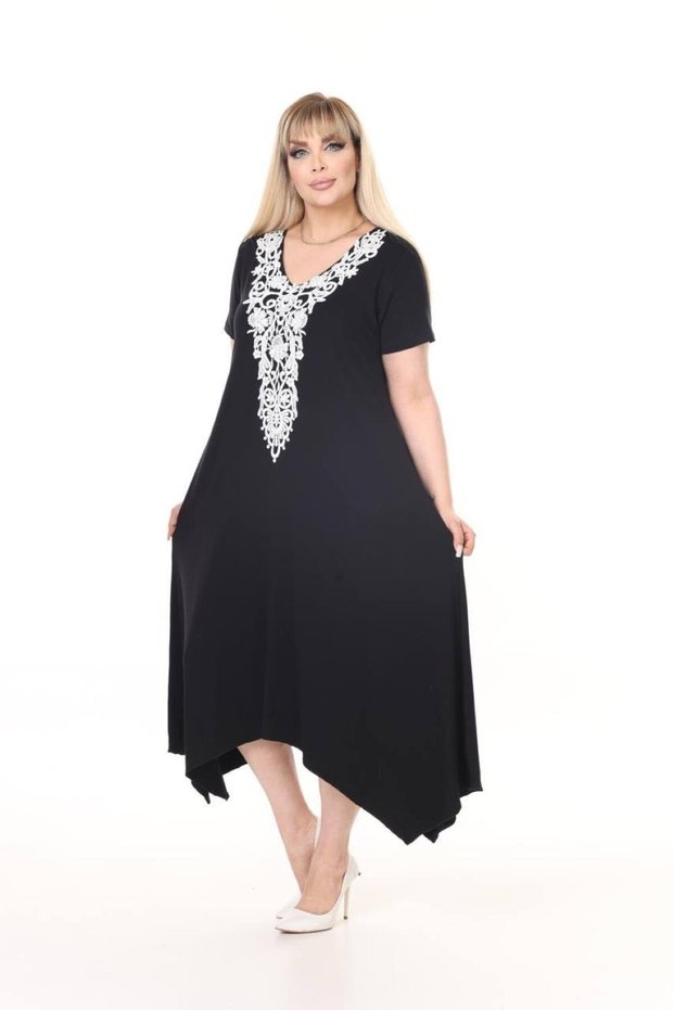 Women's Large Size Black Viscose Knitted Collar Stylish Dress