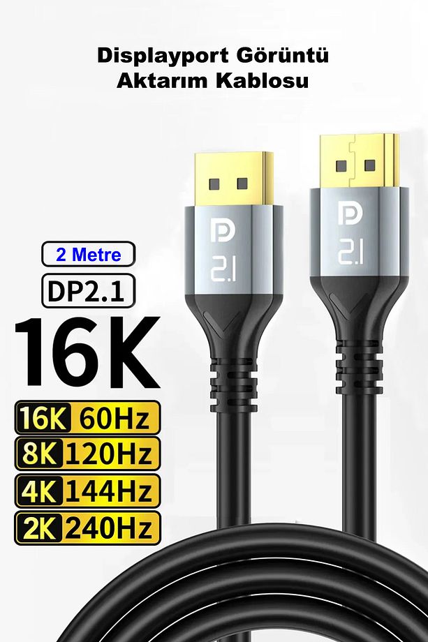 16K Displayport (DP) Görüntü Aktarım Kablosu 2 Metre V2.1 Bilgisayar Laptop Projektör Uyumlu - 1