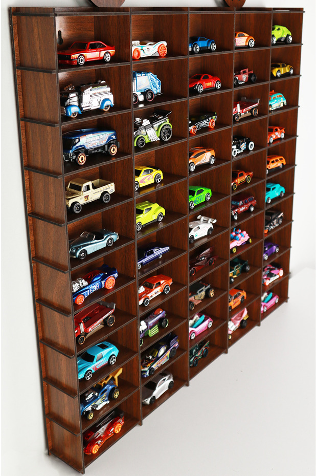 Oyuncak Araba Rafı 50'li Ceviz (HOTWHEELS VE MATCBOX ARABALARI IÇİN UYGUNDUR) - 7