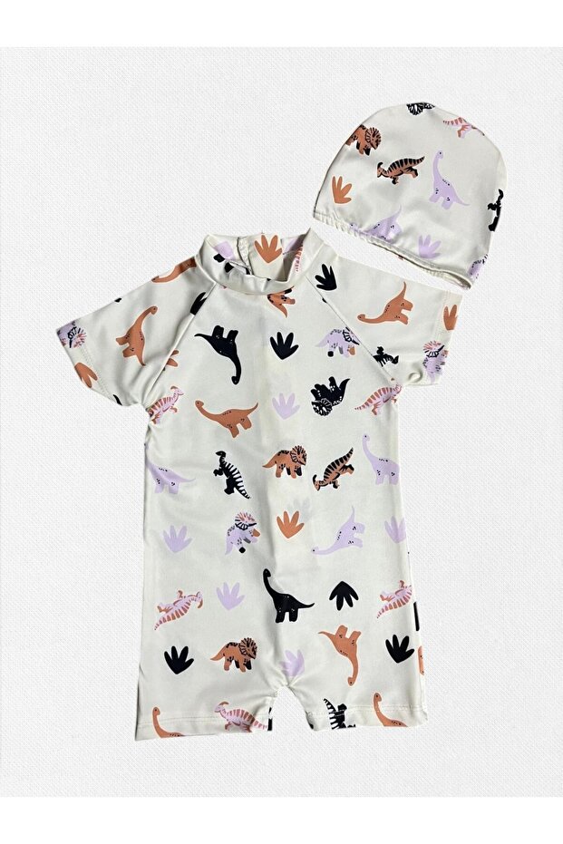 Boys Cream Color Brown Dinosaurs Pattern Short Sleeve Tight Woven Quick Dry Bonnet Swimsuit
