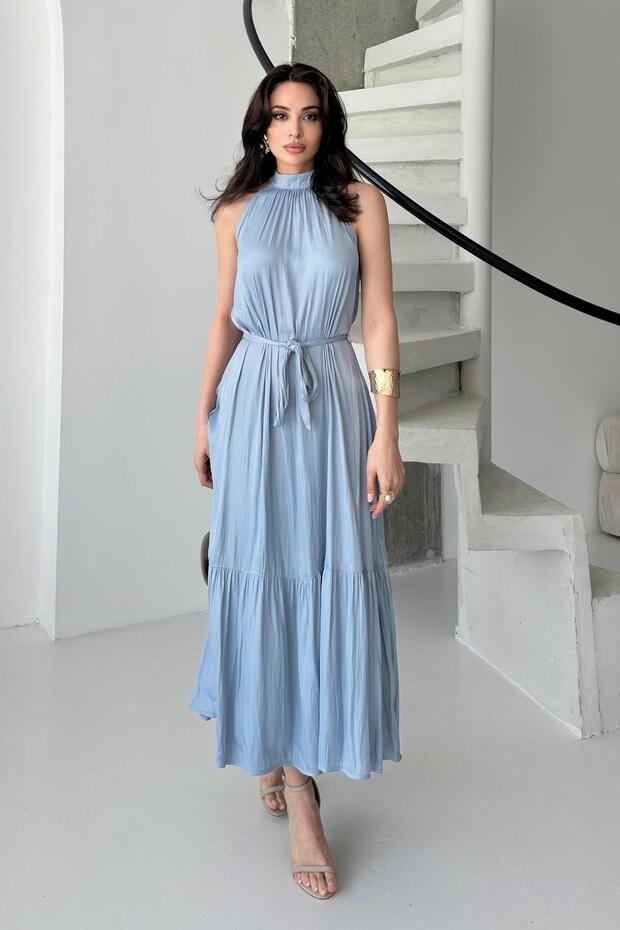 Blue Halter Neck Satin Dress with Lacing Detail