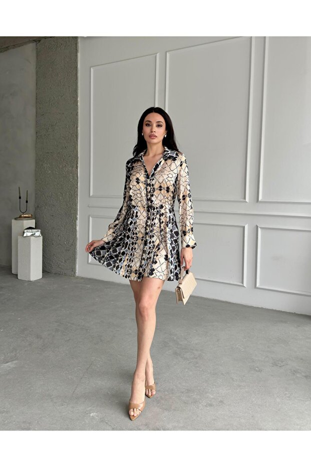 Rochie mini cămașă cu model bej - 3