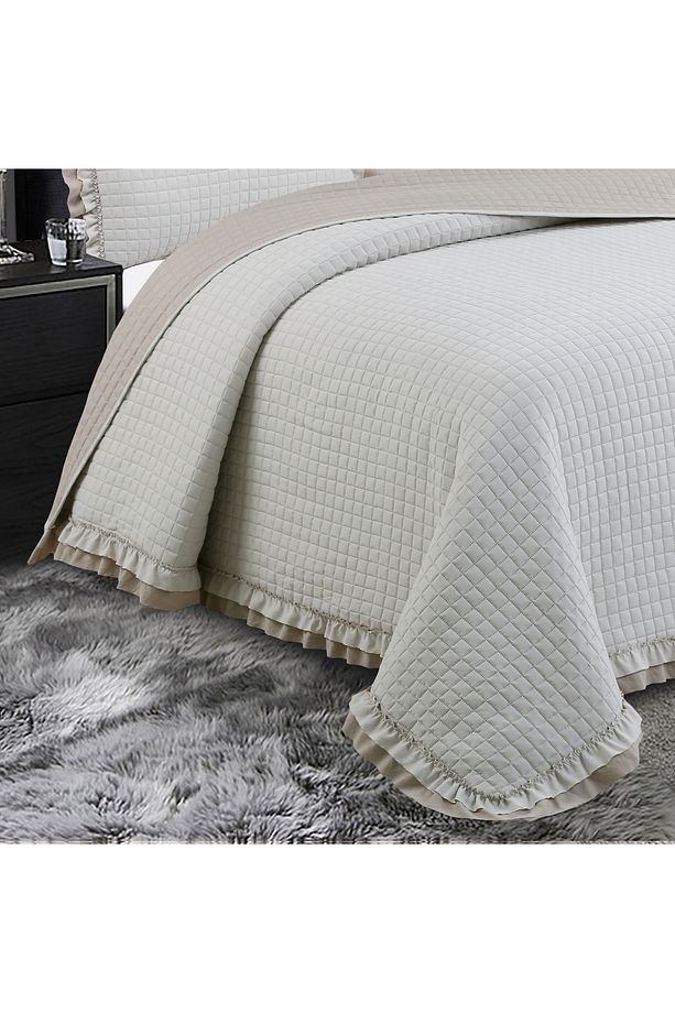 Square Washed Fırfırlı Çift Kişilik Bej Yatak Örtüsü Takımı - 3