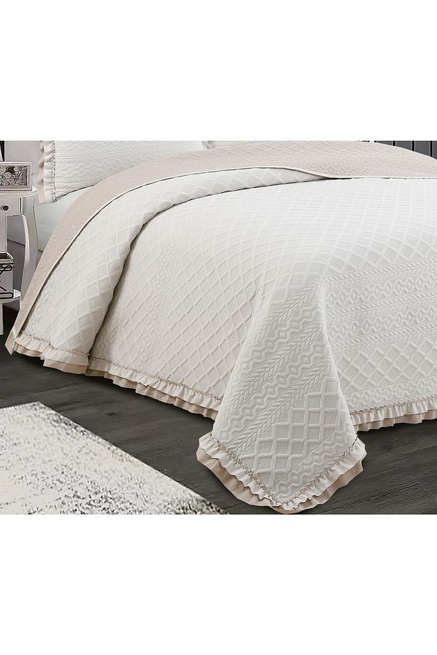 Hazel Washed Fırfırlı Çift Kişilik Bej Yatak Örtüsü Takımı - 3