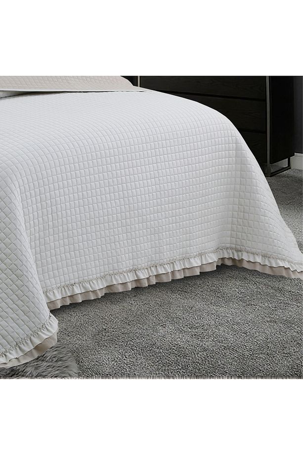 Square Washed Fırfırlı Çift Kişilik Bej Yatak Örtüsü Takımı - 4