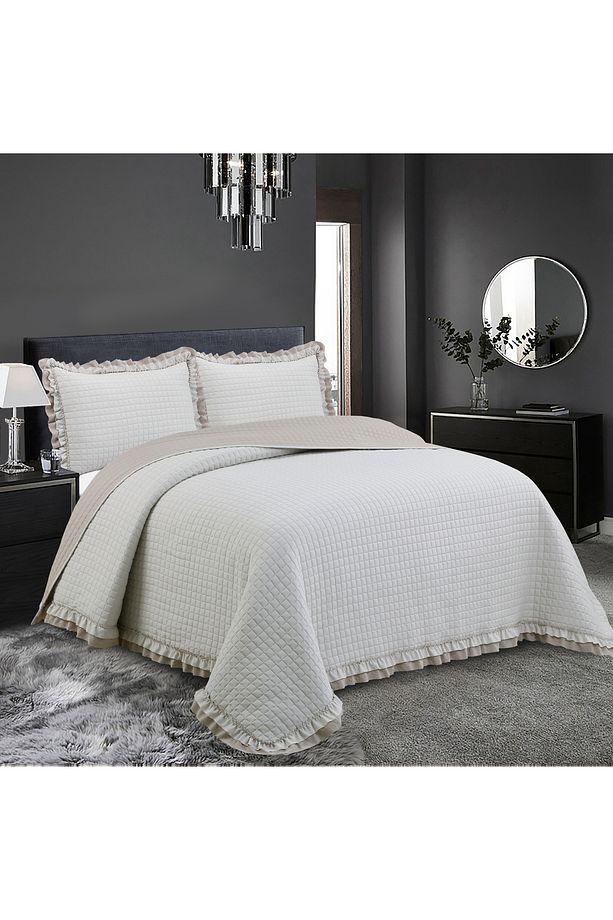Square Washed Fırfırlı Çift Kişilik Bej Yatak Örtüsü Takımı - 1