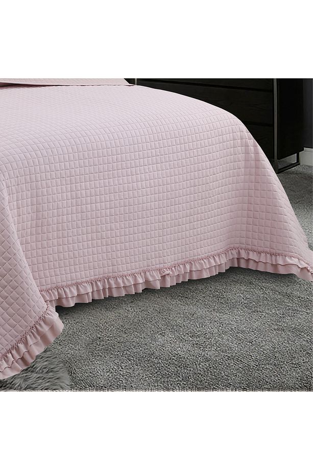 Square Washed Fırfırlı Çift Kişilik Pudra Yatak Örtüsü Takımı - 4