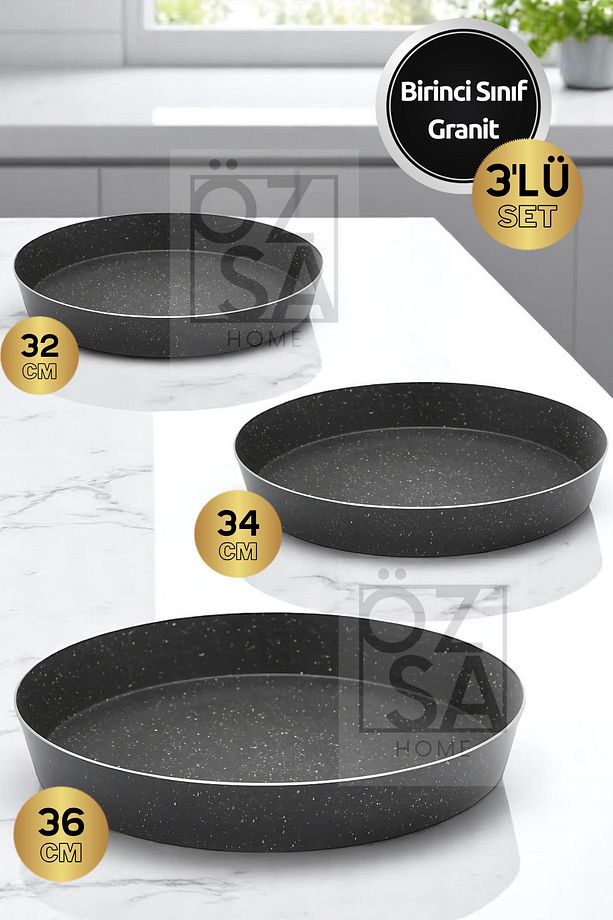 3'lü Granit Fırın Tepsi Seti Yuvarlak Fırın Tepsi Set 32-34-36 Cm - 1