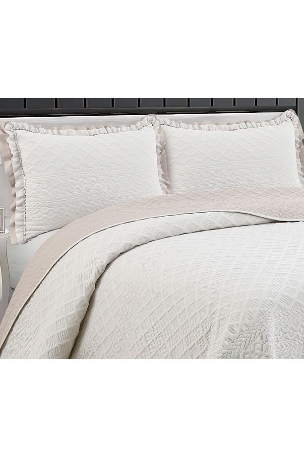 Hazel Washed Fırfırlı Çift Kişilik Bej Yatak Örtüsü Takımı - 2