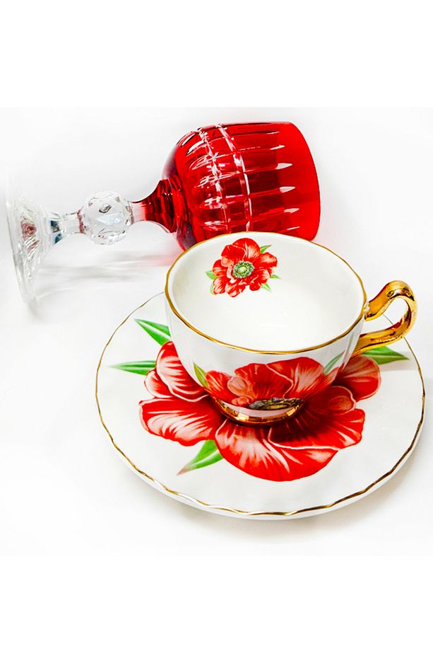 TEK KİŞİLİK RED FLOWER KAHVE FİNCAN VE KAHVE SU BARDAĞI - 4