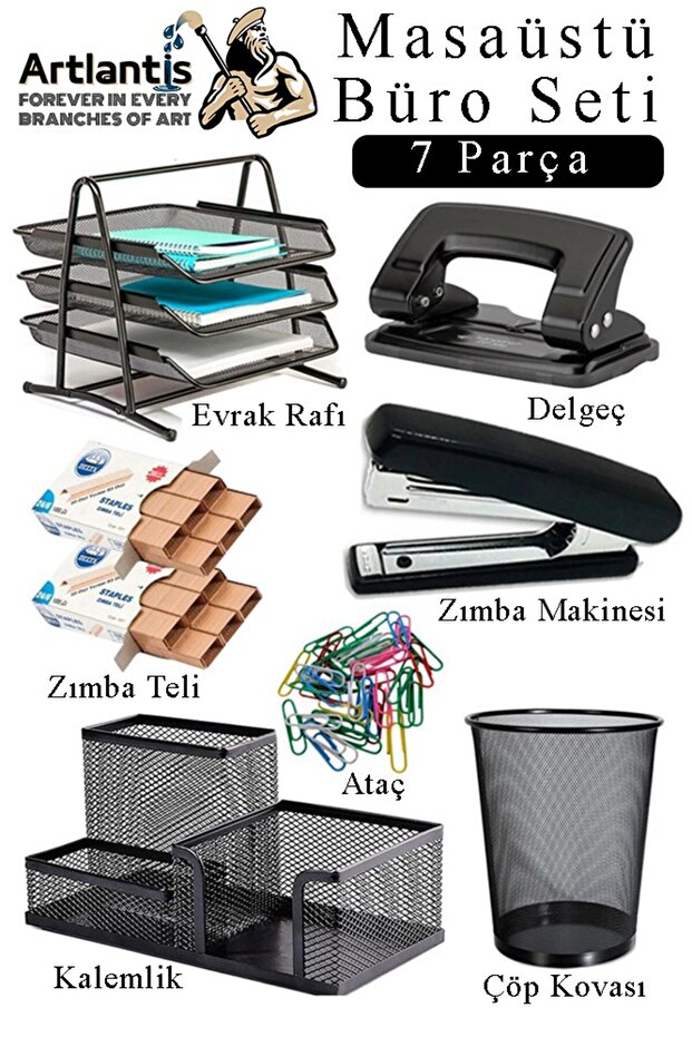 Desktop Office Set 7 Pieces Black Metal Paperwork Rack Pen Holder 3 Stapler Delegator Paper Clip Holder Note