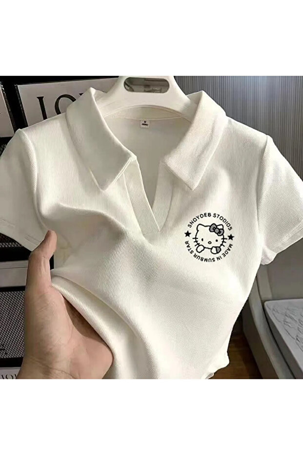 White Polo Collar Kitty Face Printed Detailed Crop