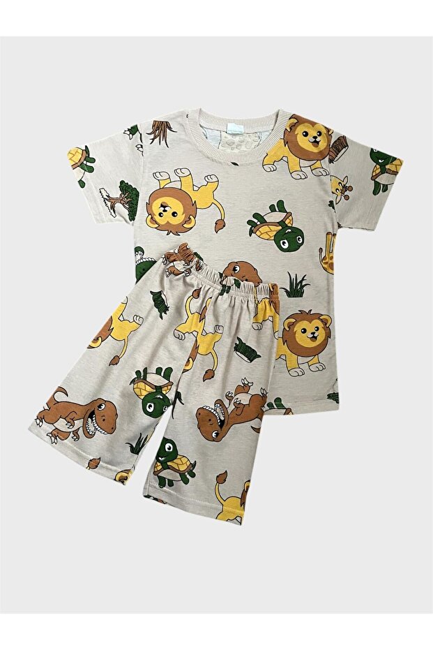 Boy's Beige Safari Patterned Short Sleeve Shorts Summer Pajama Set