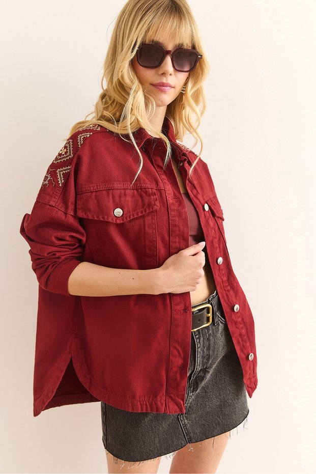 Women's Burgundy Cotton Gabardine Jacket with Shoulder and Back Embroidery Detail CKT-19000430