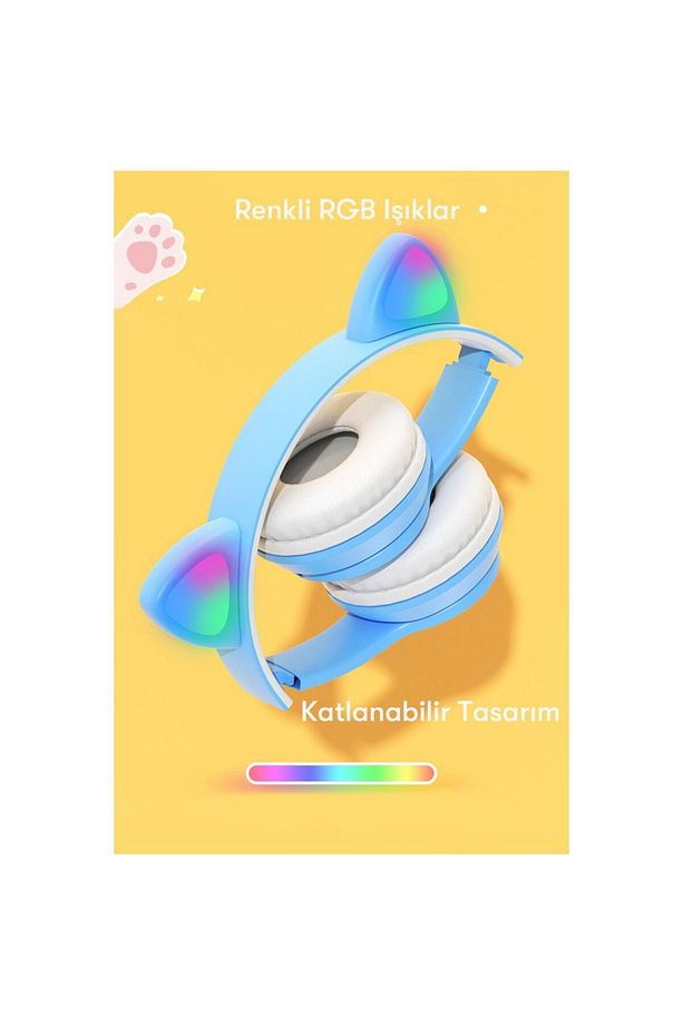 Bluetooth Kedi Kulaklık Kablosuz Led Işıklı Kız Erkek Çocuklar İçin Kulaklık İphone15 Pro Max Uyumlu - 4