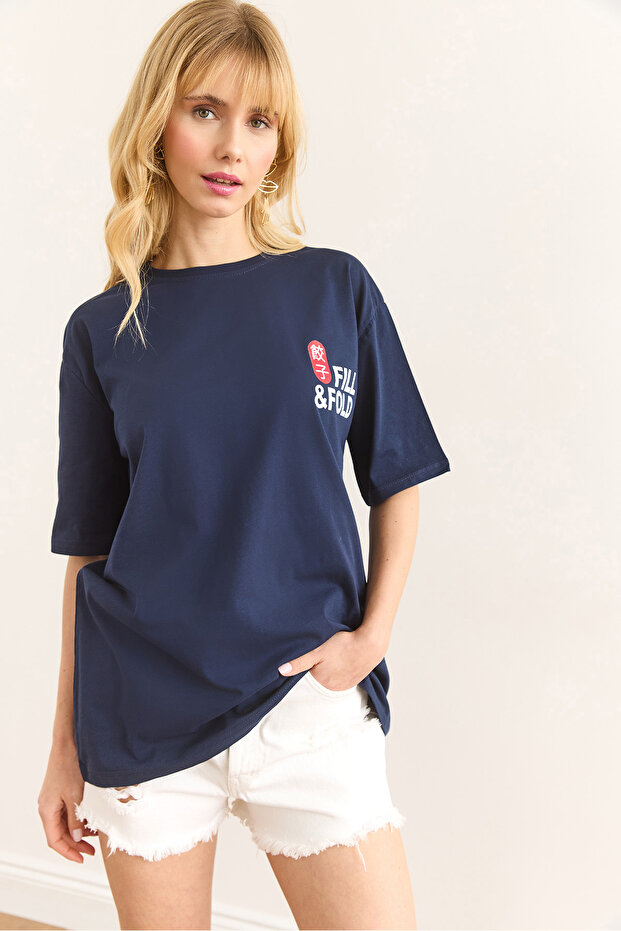 Women's Navy Blue Front Back Printed Cotton T-Shirt Tsh-19000894