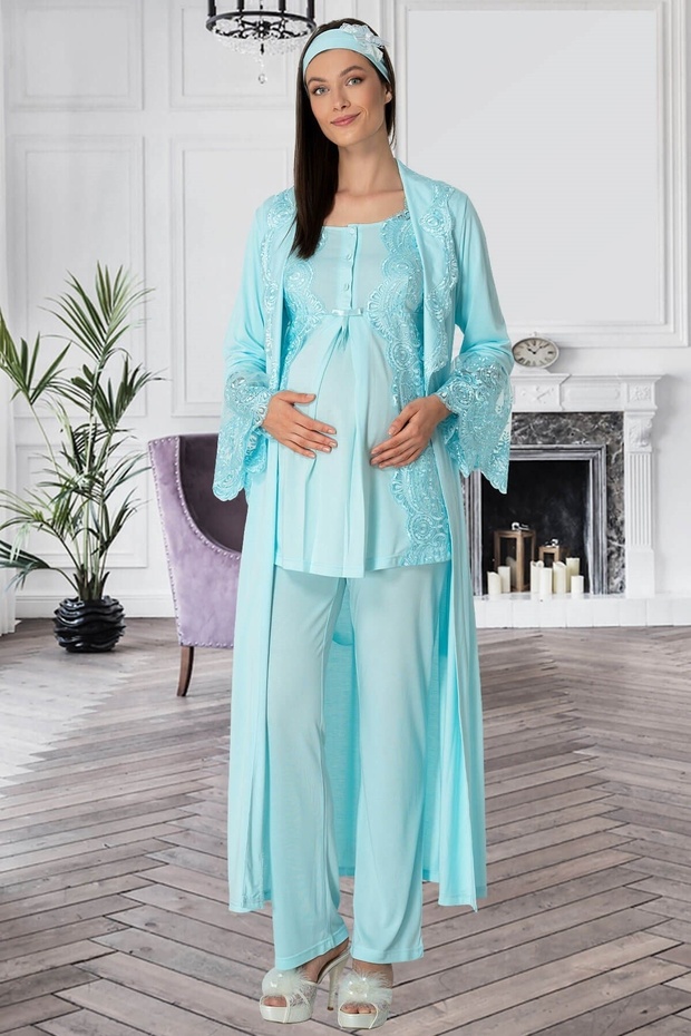 Women's Turquoise Lace Detailed Maternity Pajama Set with Dressing Gown
