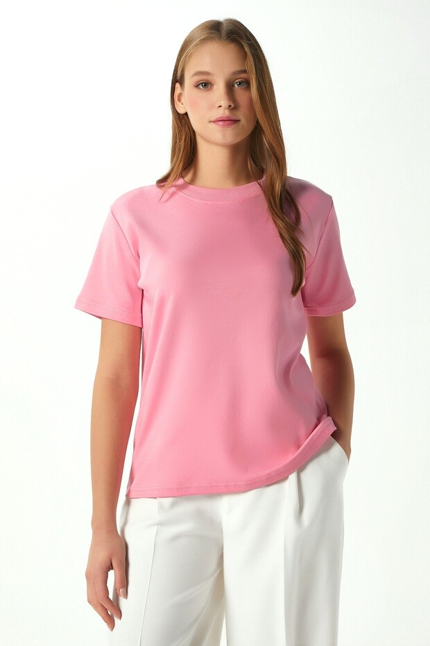 Women's Rise Decorative Collar Tok Texture 100% Cotton Pink T-Shirt