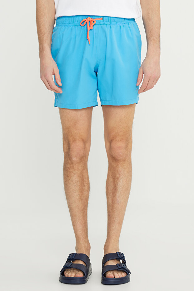 Erkek Mavi Hızlı Kuruyan Yan Cepli Desenli Standart Fit Normal Kesim Deniz Şortu Mayo - 1