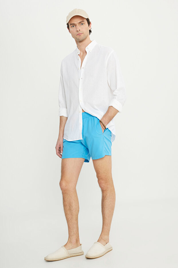 Erkek Mavi Hızlı Kuruyan Yan Cepli Desenli Standart Fit Normal Kesim Deniz Şortu Mayo - 8