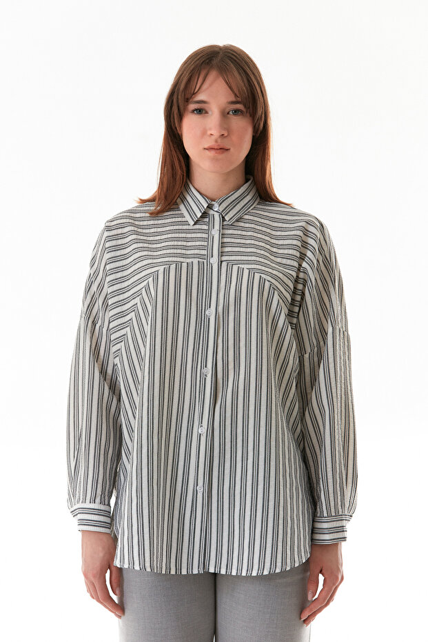 Çizgili Oversize Gömlek - 6