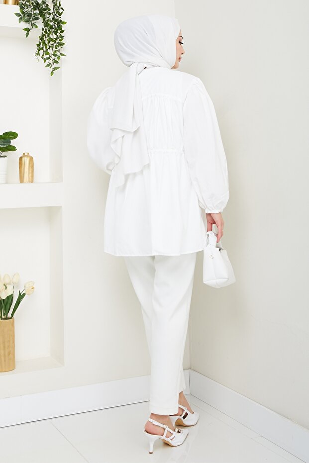 Stone Buttoned Shirred Ecru Shirt - 4