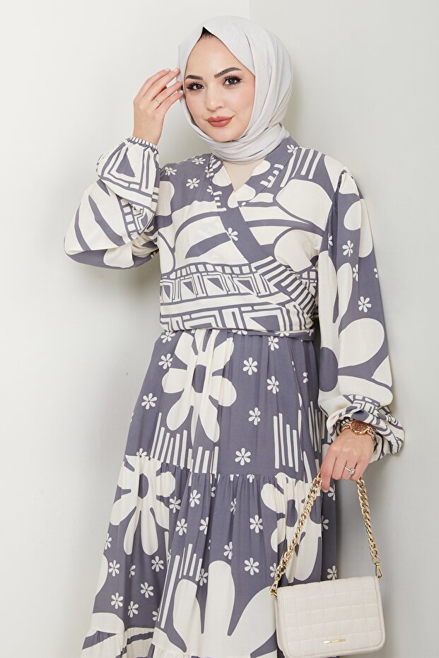 مجموعة فيسكوز رمادية بنمط هندسي زهري - 3