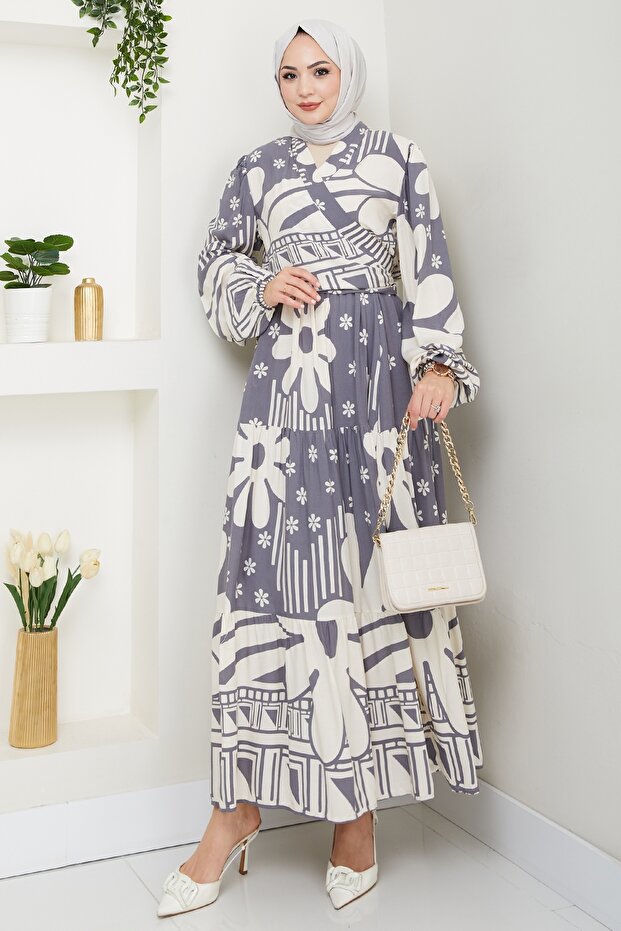 مجموعة فيسكوز رمادية بنمط هندسي زهري - 1