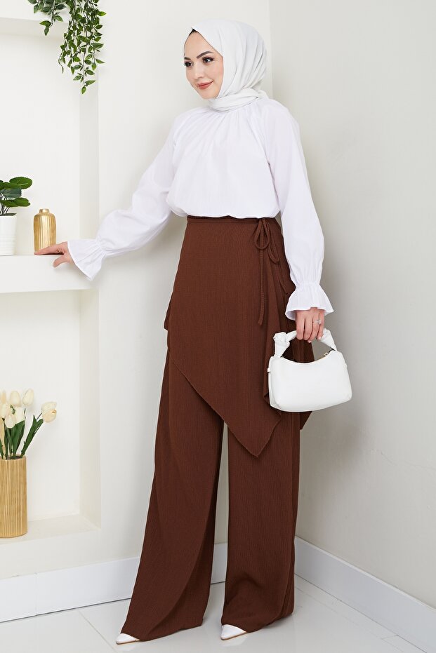Bitter Brown Crepe Trousers with Cross Tie Detail