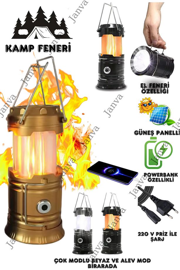 Şarj Edilebilir Güneş Enerjili Taşınabilir Fener Alev Ateş Modlu Kamp Feneri Led El Feneri - 2