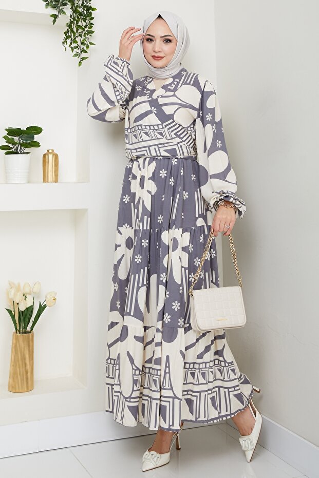 مجموعة فيسكوز رمادية بنمط هندسي زهري - 2